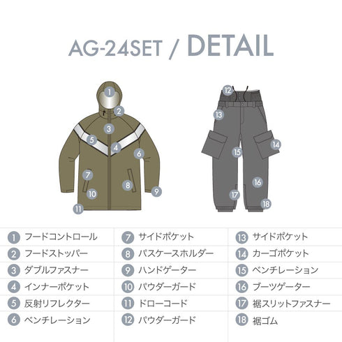 【10月上旬発送予定】 ASHGREEM アッシュグリーム スノーボードウェア Vラインリフレクタージャケット 上下セット AG-24SET